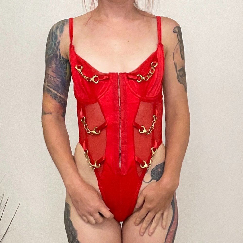Vintage 90s Y2k goth Shirley Of Hollywood Swim m Bodysuit Chain Strap Size S Red